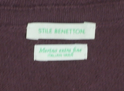 Benetton Women Brown Wool V-Neck Cardigan M Long Sleeve