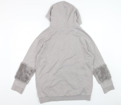 River Island Womens Grey Fur Trim Hoodie UK 12 Pullover Cotton Blend