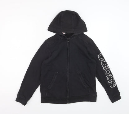 Adidas Boys Black Full Zip Hoodie Size M Cotton Blend Graphic Logo