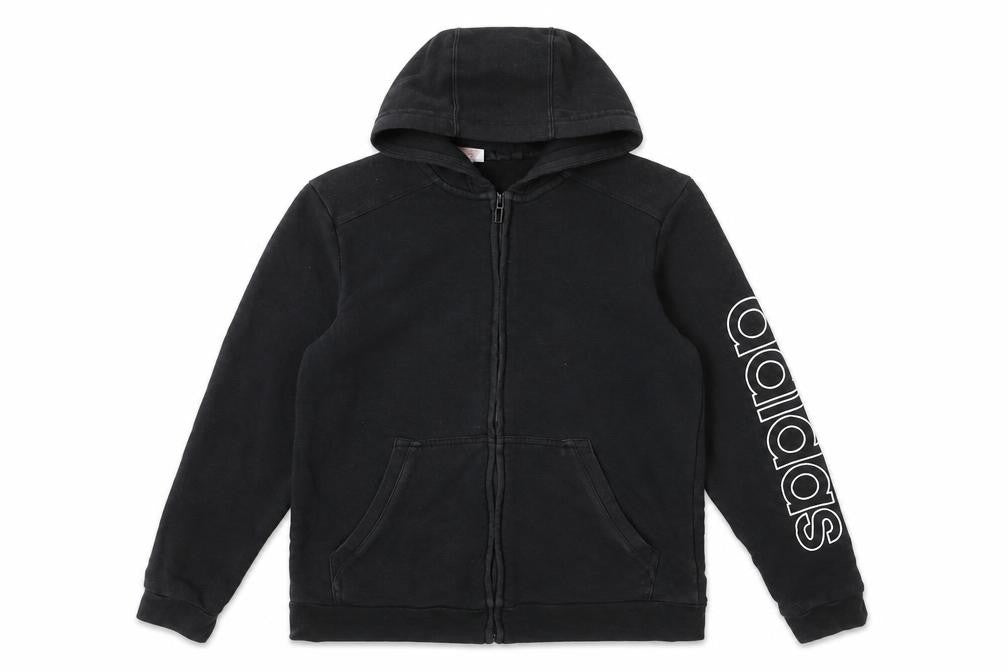 Front view of Adidas boys’ black full zip hoodie, size M, cotton blend graphic logo