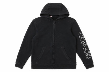 Front view of Adidas boys’ black full zip hoodie, size M, cotton blend graphic logo