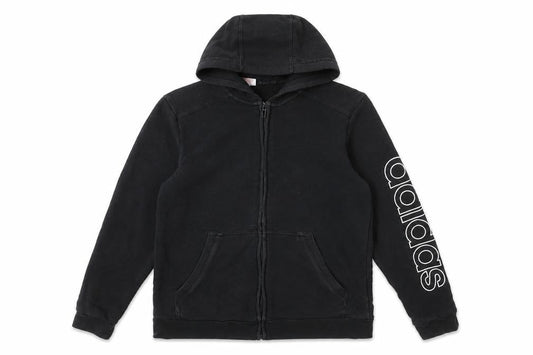 Front view of Adidas boys’ black full zip hoodie, size M, cotton blend graphic logo