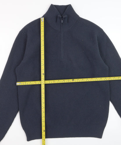Uniqlo Men's Blue M 1/4 Zip High Neck Rib-Knit Jumper