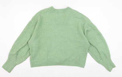 H&M Women’s Green Ribbed Knit Crew Neck Pullover Jumper Size M