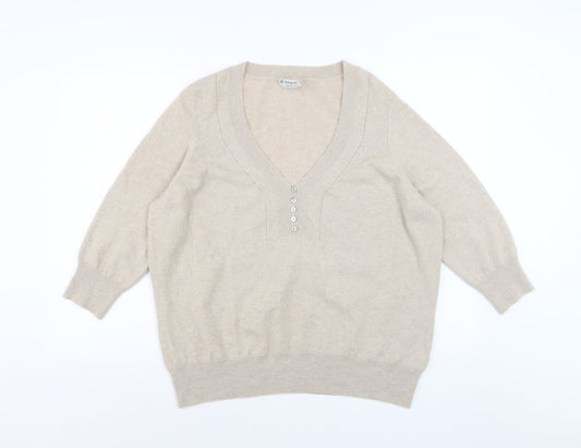 Marks and Spencer Women Beige 100% Cashmere V-Neck Jumper Size 22
