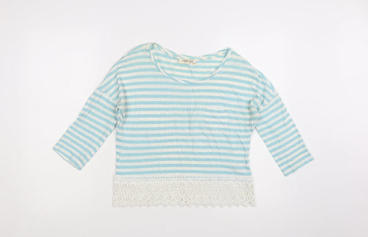 Marks and Spencer Womens Blue Striped Cropped 3/4 Sleeve Cotton Linen Top UK 8