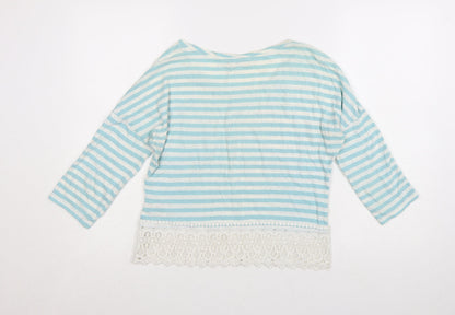 Marks and Spencer Womens Blue Striped Cropped 3/4 Sleeve Cotton Linen Top UK 8