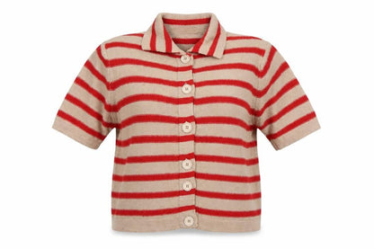 Bianco & Blu Women’s Beige Red Striped Collared Wool Cardigan L