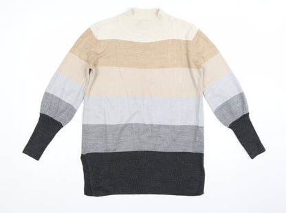 Marks and Spencer Womens Beige Grey Stripe Mock Neck Jumper Size S