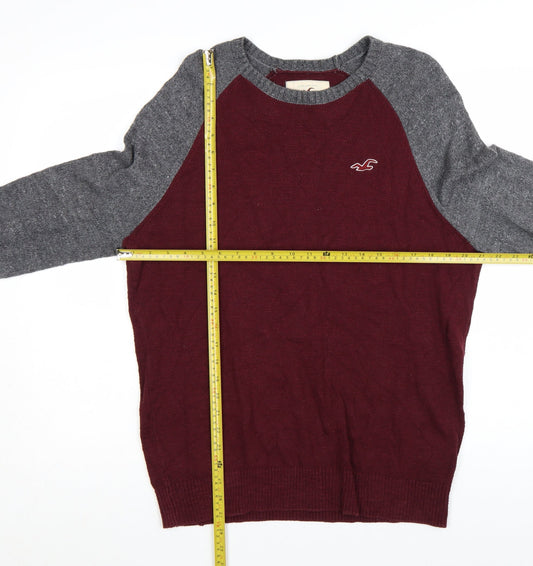 Hollister Men’s Red & Grey Crew Neck Cotton Pullover Jumper Size L
