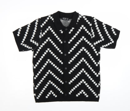 boohooMAN Men's Black White Knit Short Sleeve Cardigan S Retro Style