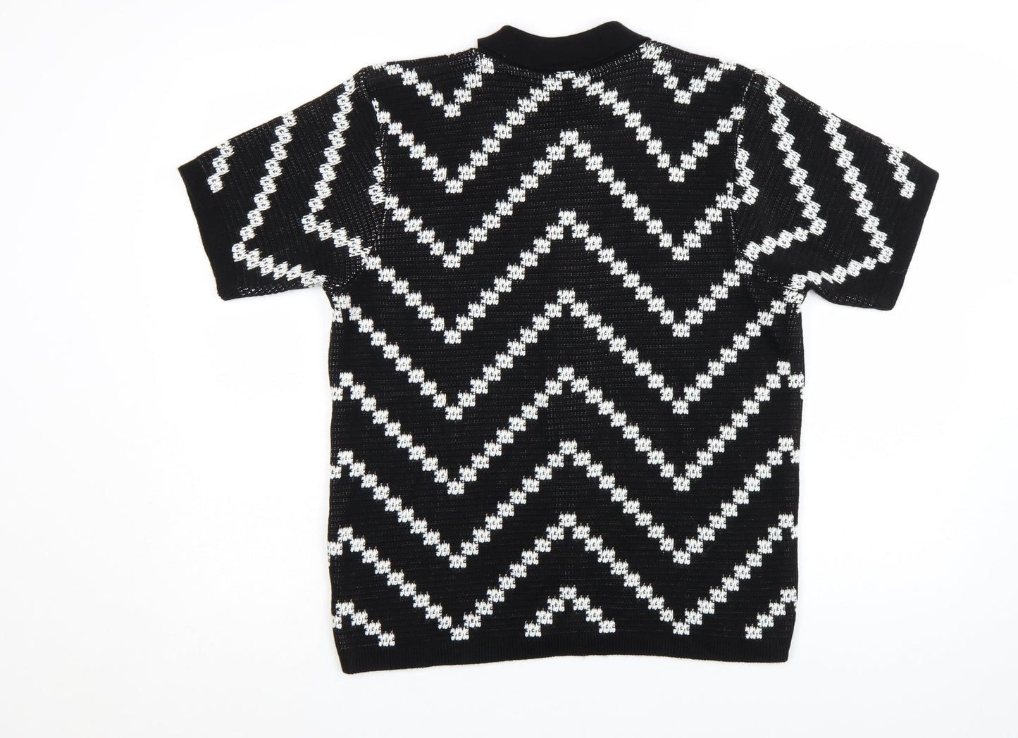 boohooMAN Men's Black White Knit Short Sleeve Cardigan S Retro Style