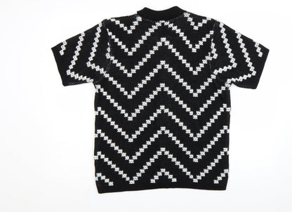 boohooMAN Men's Black White Knit Short Sleeve Cardigan S Retro Style