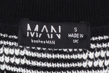 boohooMAN Men's Black White Knit Short Sleeve Cardigan S Retro Style