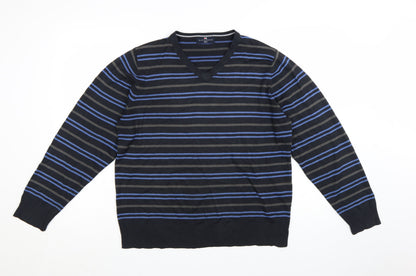 Marks and Spencer Blue Harbour Men's Blue Striped V-Neck Jumper Size L