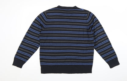 Marks and Spencer Blue Harbour Men's Blue Striped V-Neck Jumper Size L