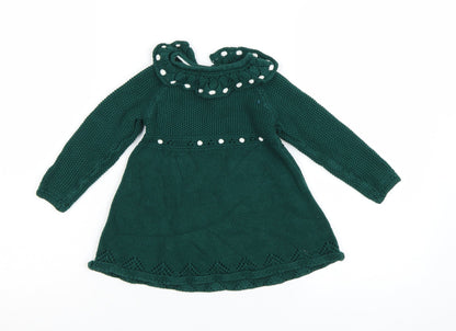 Tahari Baby Girls Green Knit Long Sleeve Dress 18-24 Months Winter A-Line