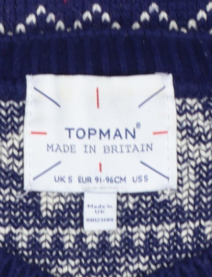 Topman Men's Blue Fair Isle Wool Jumper Size S Winter Knitwear