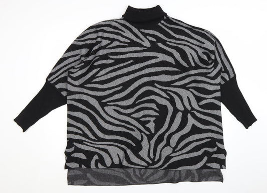 Colour Eighteen Women's Black Grey Animal Print Roll Neck Jumper M