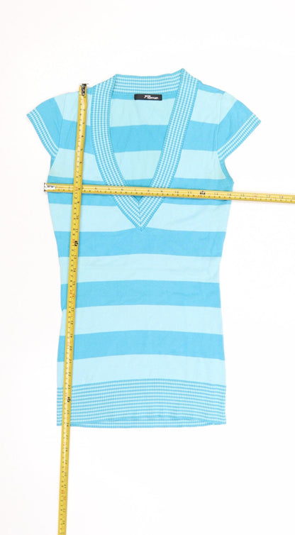 Jane Norman Women Blue Striped V-Neck Short Sleeve Pullover Jumper Size 10