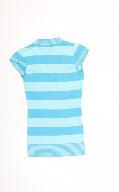 Jane Norman Women Blue Striped V-Neck Short Sleeve Pullover Jumper Size 10