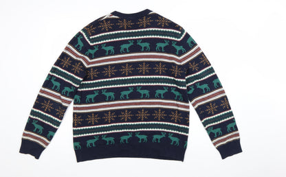 Marks and Spencer Men's Blue Christmas Reindeer Cotton Jumper M