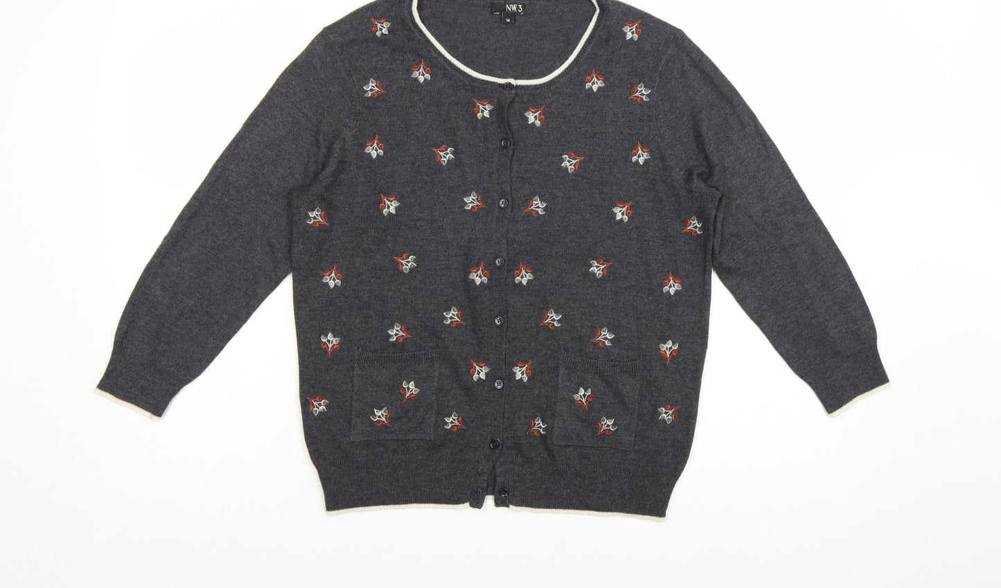 NW3 Womens Grey Floral Wool Silk Cashmere Cardigan Size 14