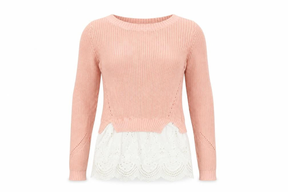 Next Womens Pink Cotton Knit Jumper UK 6 Lace Hem Crew Neck Top