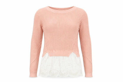 Next Womens Pink Cotton Knit Jumper UK 6 Lace Hem Crew Neck Top