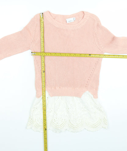 Next Womens Pink Cotton Knit Jumper UK 6 Lace Hem Crew Neck Top