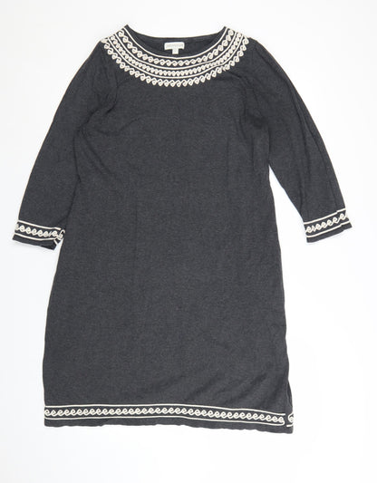 Monsoon Women Grey L Shift Dress 3/4 Sleeve Embroidered Knit