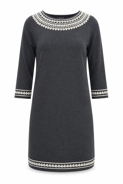 Monsoon Women Grey L Shift Dress 3/4 Sleeve Embroidered Knit