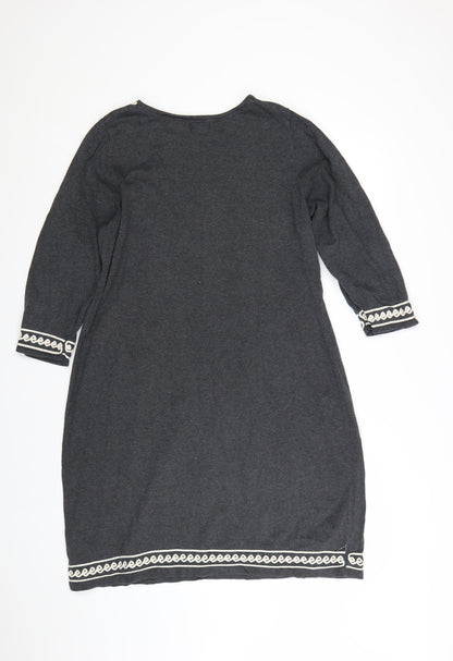 Monsoon Women Grey L Shift Dress 3/4 Sleeve Embroidered Knit