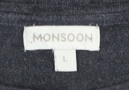 Monsoon Women Grey L Shift Dress 3/4 Sleeve Embroidered Knit