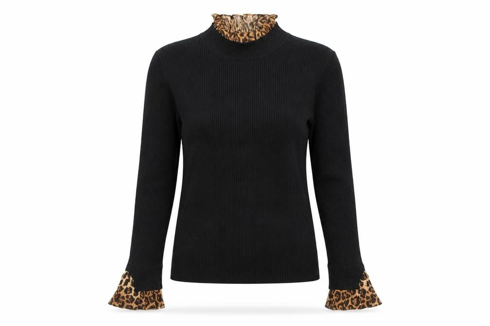 Blue Vanilla Womens Black Leopard Mock Neck Long Sleeve Pullover Jumper Size S