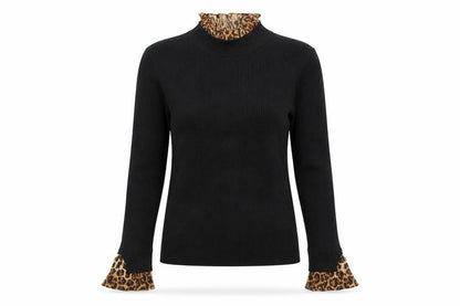 Blue Vanilla Womens Black Leopard Mock Neck Long Sleeve Pullover Jumper Size S