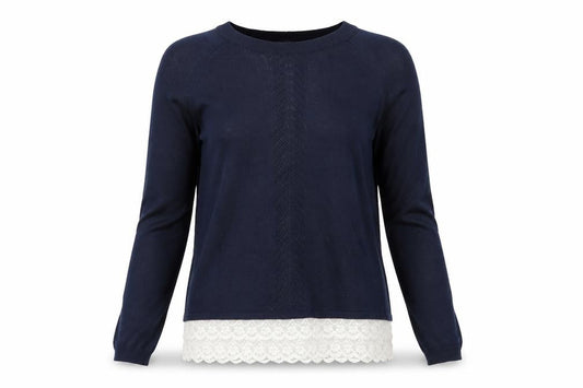 Front view of Miss Selfridge women’s blue lace hem knit jumper, size UK 8