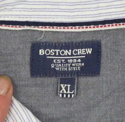 Boston Crew Men's Blue Striped Cotton Long Sleeve Button-Up Shirt XL