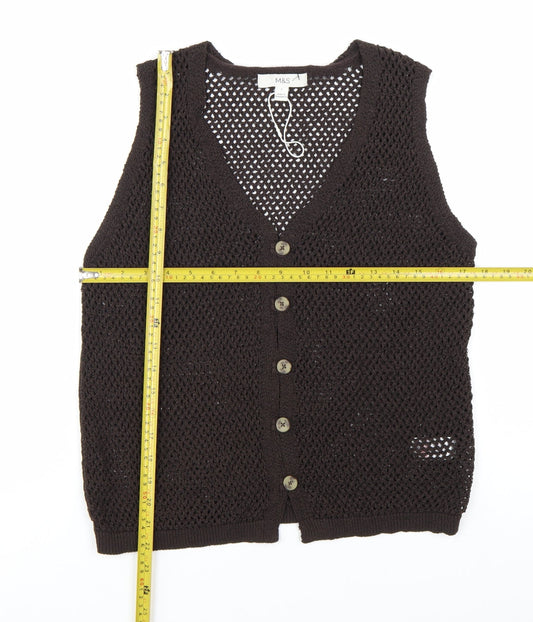 Marks and Spencer Women Brown Knit Sleeveless Button Blouse S