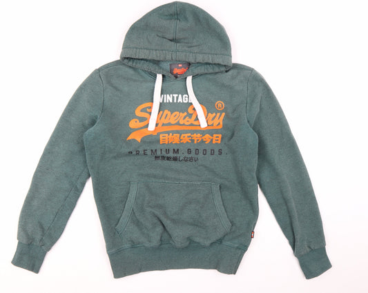 Superdry Men's Green Pullover Hoodie L Logo Fleece Sweatshirt
