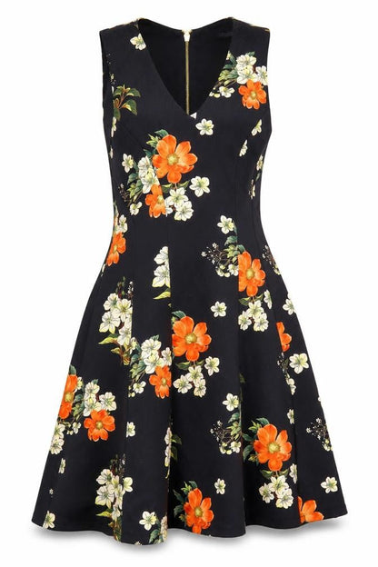 Guess Women's Black Floral Fit & Flare Sleeveless Dress M