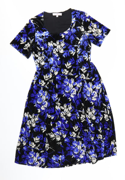 Julipa Women Blue Floral Velvet A-Line Dress Size 14 Short Sleeve