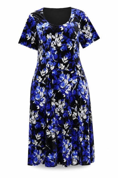 Julipa Women Blue Floral Velvet A-Line Dress Size 14 Short Sleeve