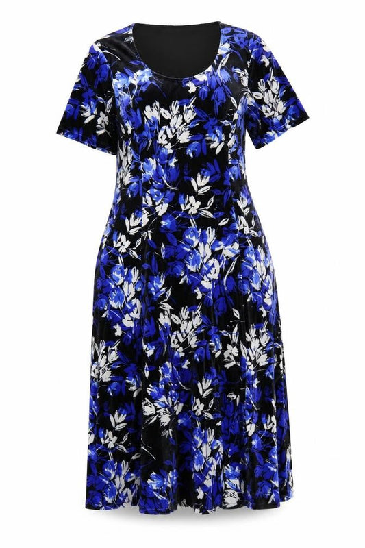 Julipa Women Blue Floral Velvet A-Line Dress Size 14 Short Sleeve