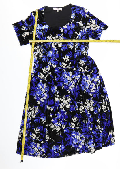 Julipa Women Blue Floral Velvet A-Line Dress Size 14 Short Sleeve
