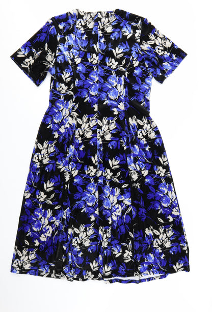 Julipa Women Blue Floral Velvet A-Line Dress Size 14 Short Sleeve