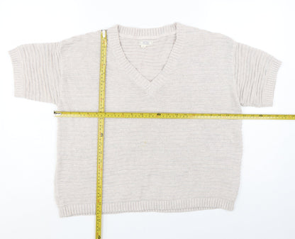 Fat Face Women Beige V-Neck Short Sleeve Knit Cotton Linen Jumper S