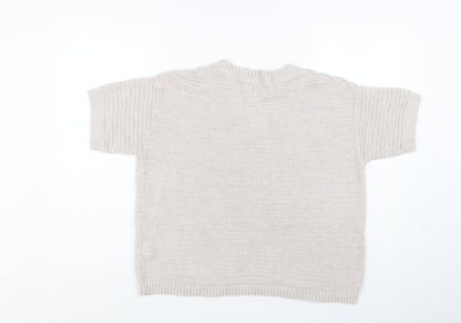 Fat Face Women Beige V-Neck Short Sleeve Knit Cotton Linen Jumper S
