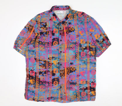Bershka Men’s Multicoloured Aztec Short Sleeve Retro Viscose Shirt M