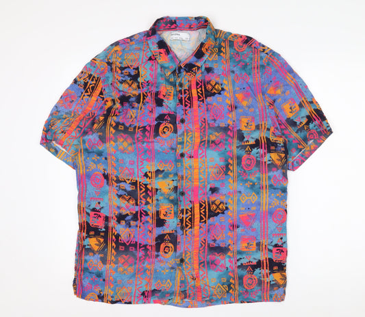 Bershka Men’s Multicoloured Aztec Short Sleeve Retro Viscose Shirt M